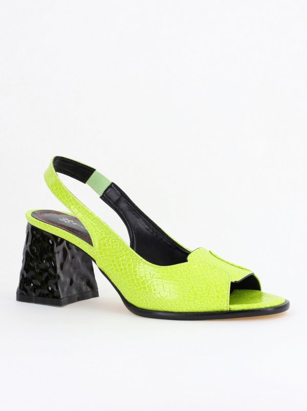 Incaltaminte Dama - Sandale cu Toc gros Varf Rotund piele ecologică txturată culoare Verde lemon (BS671SN2404158)