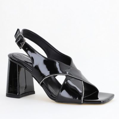 Sandale damă cu toc gros varf drept din piele ecologică negre BS301SN2404087