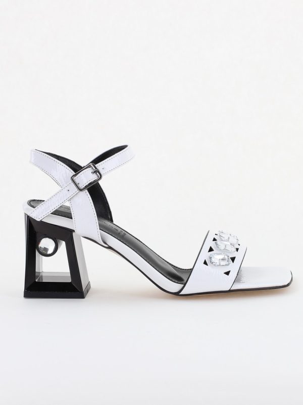 Sandale elegante femei cu toc gros din piele ecologică cu pietricele de culoare albe (BS2630SN2404031) 120