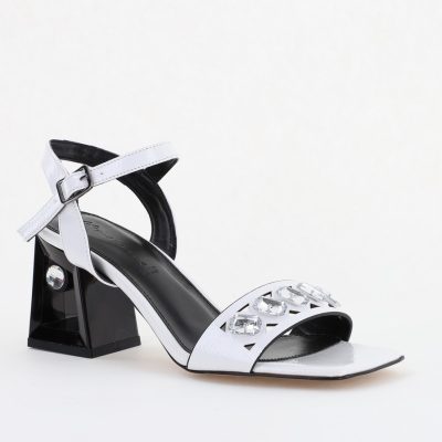 Sandale elegante femei cu toc gros din piele ecologică cu pietricele de culoare albe (BS2630SN2404031)