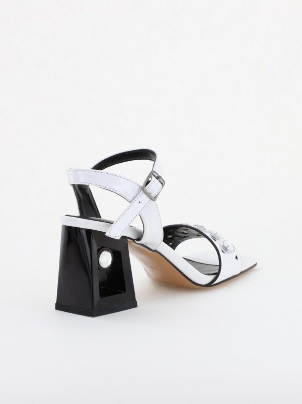 Sandale elegante femei cu toc gros din piele ecologică cu pietricele de culoare albe (BS2630SN2404031) 122