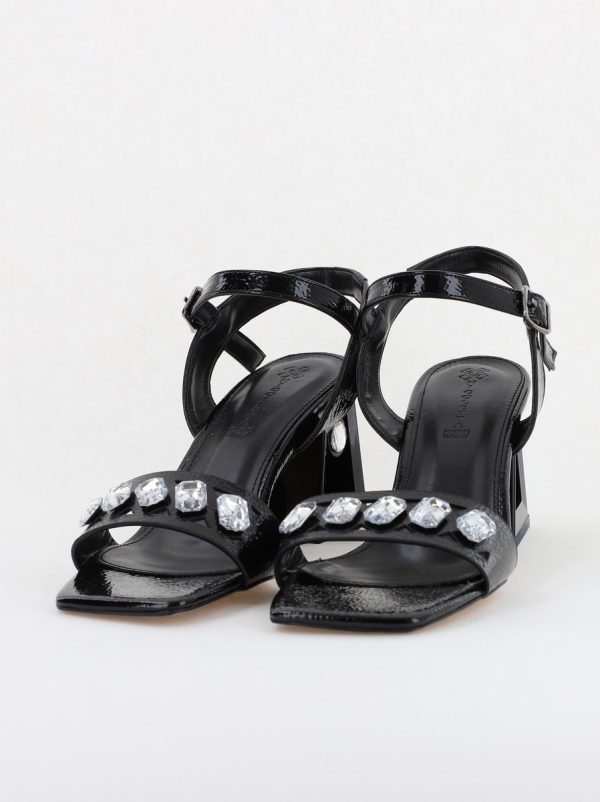 Sandale elegante femei cu toc gros din piele ecologică cu pietricele de culoare negre(BS2630SN2404032) 119