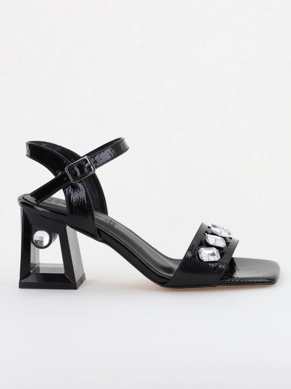 Sandale elegante femei cu toc gros din piele ecologică cu pietricele de culoare negre(BS2630SN2404032) 120