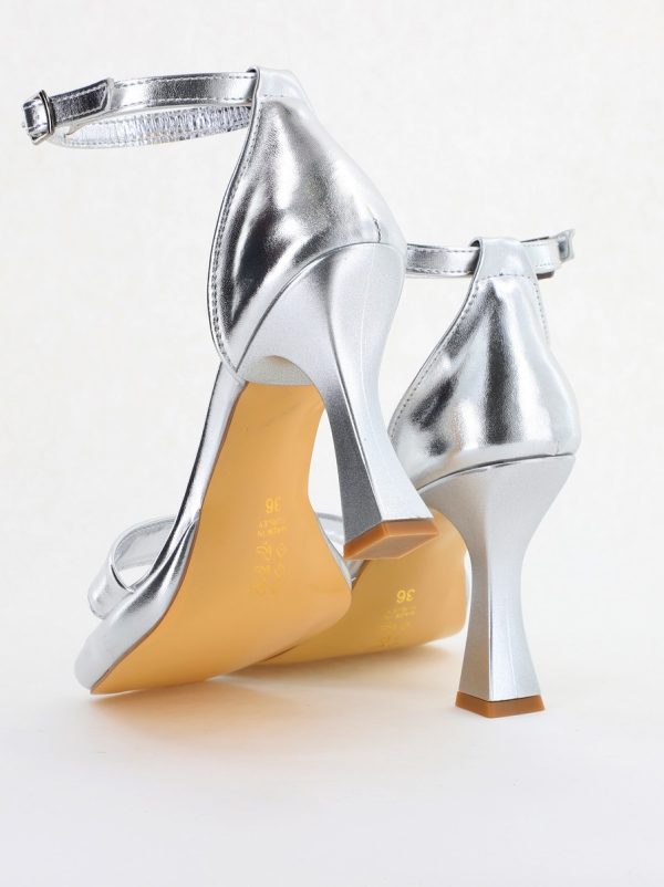 Sandale elegante pentru femei cu toc subțire din piele ecologică de culoare argintiu (BS001HSN2404178) 120