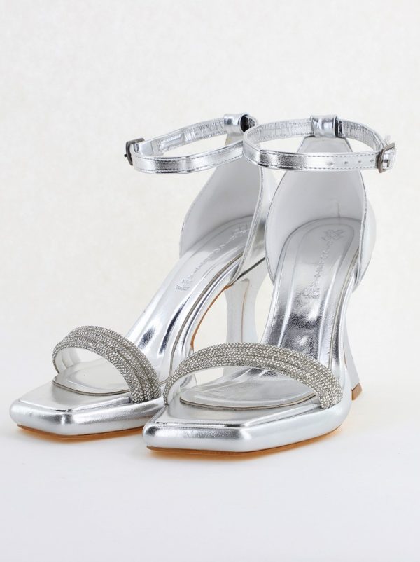 Sandale elegante pentru femei cu toc subțire din piele ecologică de culoare Argintiu metalic (BS013HSN2404181) 119