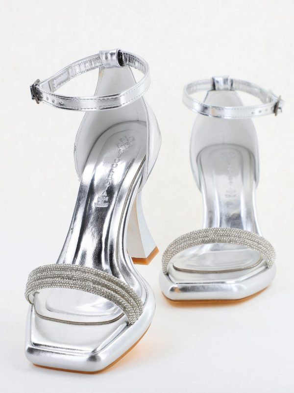 Sandale elegante pentru femei cu toc subțire din piele ecologică de culoare Argintiu metalic (BS013HSN2404181) 124