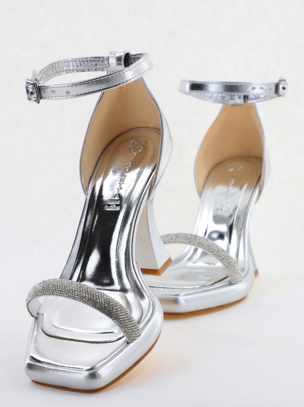 Sandale elegante pentru femei cu toc subțire din piele ecologică de culoare Argintiu metalic (BS014HSN2404186) 124