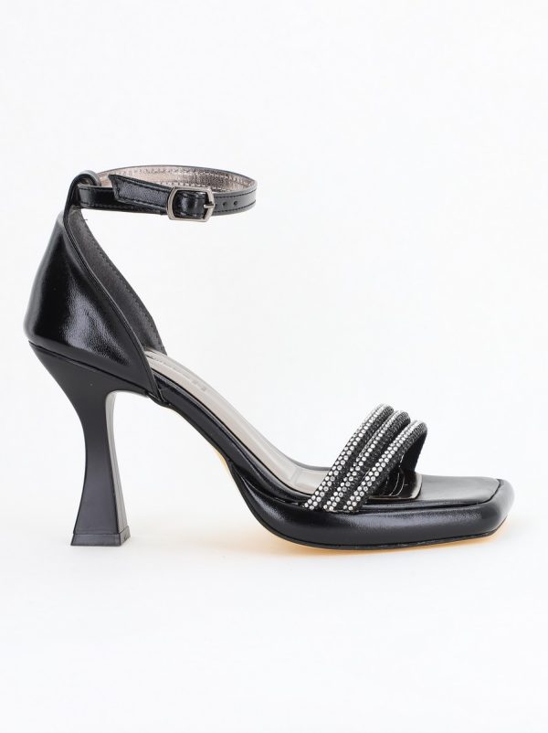 Sandale elegante pentru femei cu toc subțire din piele ecologică de culoare negru (BS013HSN2404180) 126
