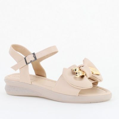 Sandale pentru femei cu fundiță din piele ecologică, culoarea bej (BS410SN2404191)