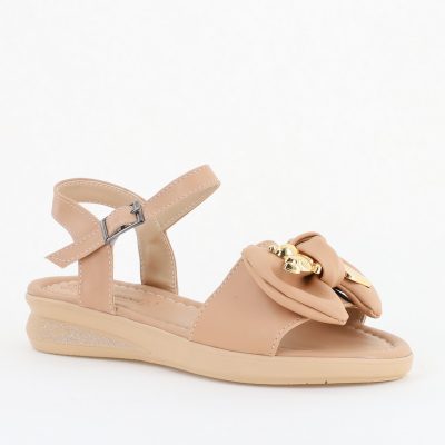 Sandale pentru femei cu fundiță din piele ecologică, culoarea bej închis (BS410SN2404193)