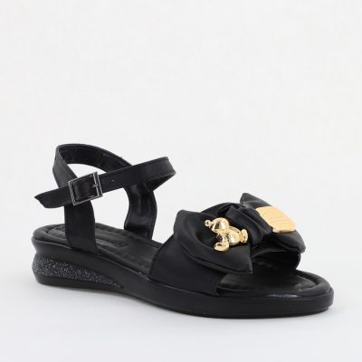 Sandale pentru femei cu fundiță din piele ecologică, culoarea negru (BS410SN2404188)