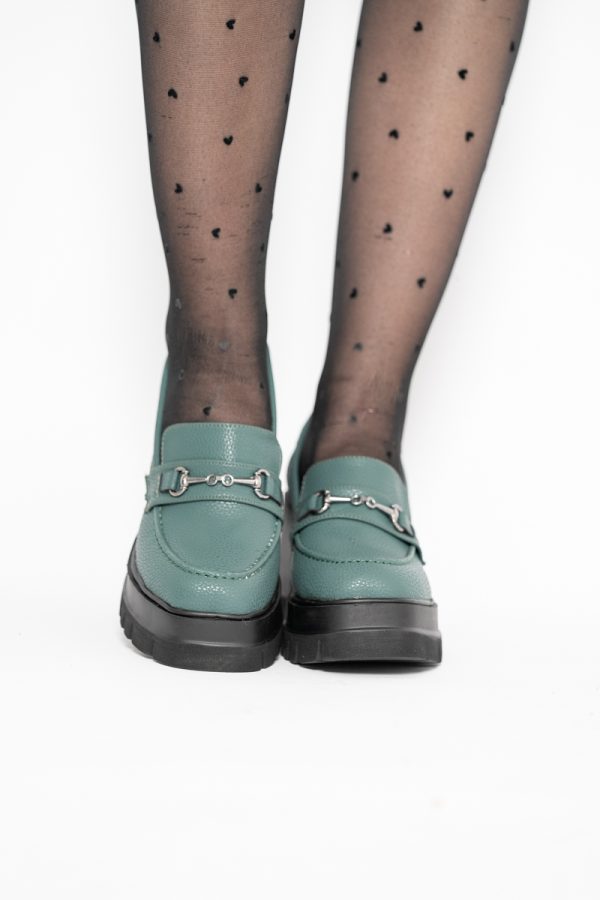 Pantofi Damă Casual cu Toc Tip Loafer din Piele Ecologică Verde Petrol Mat- BS604AY2409912 121