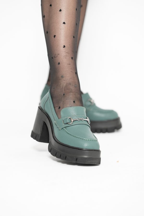 Pantofi Damă Casual cu Toc Tip Loafer din Piele Ecologică Verde Petrol Mat- BS604AY2409912 123