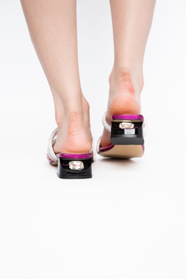 Saboți cu toc jos pentru femei din piele ecologica cu detalii de pietricele culoare fuchsia (BS55TR2405301) 125
