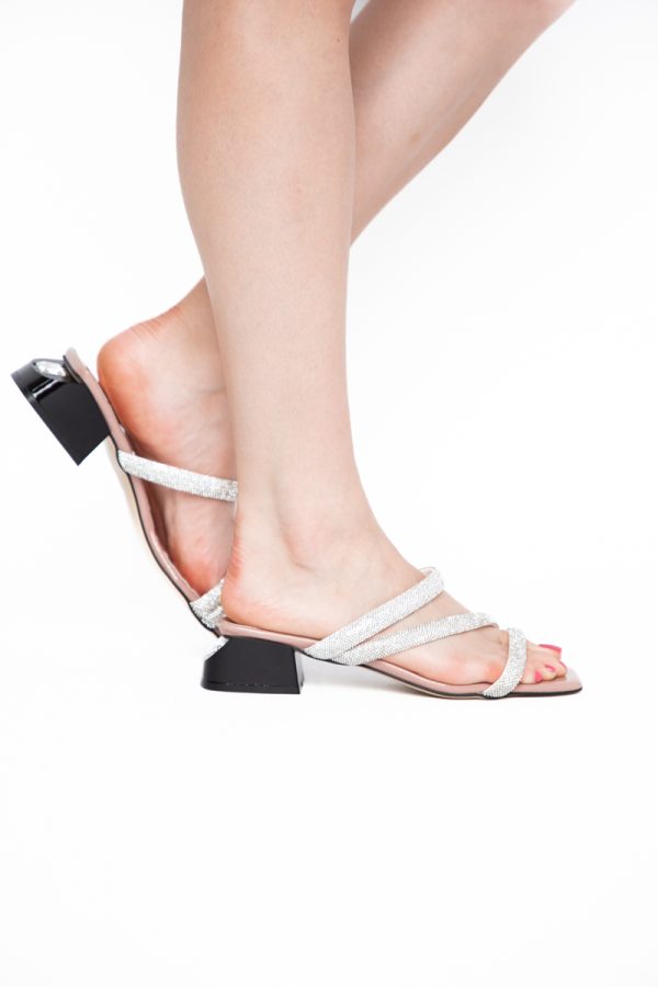 Saboți cu toc jos pentru femei din piele ecologica cu detalii de pietricele culoare roz (BS55TR2405302) 123