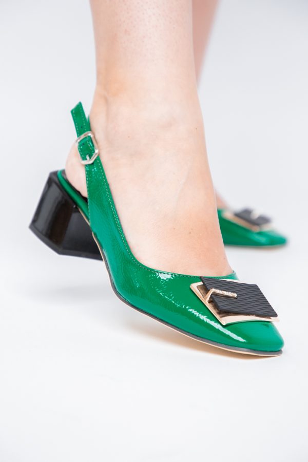 Pantofi cu Toc Eleganti Decupați cu Pietricele din Piele Ecologica culoare Verde Lucios - BS1311AY2405269 119