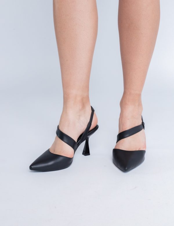 Pantofi Damă cu Toc Subțire din Piele Ecologică cu elastic Negru BS610AY2405344 121