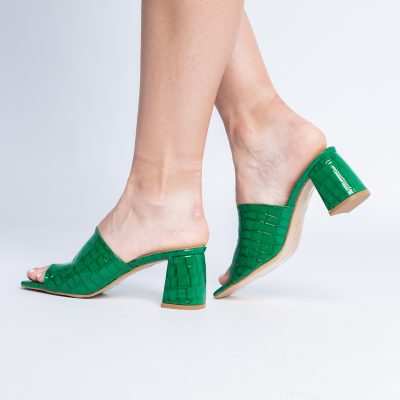 Saboți cu toc damă din piele ecologica texturată nuanță Verde (BS260TR2405332)