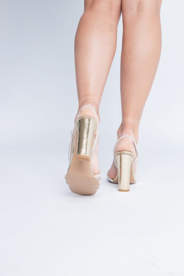 Sandale elegante cu toc pentru femei din piele ecologică împodobite cu detalii subtile de pietricele culoare auriu (BS855SN2404232) 125