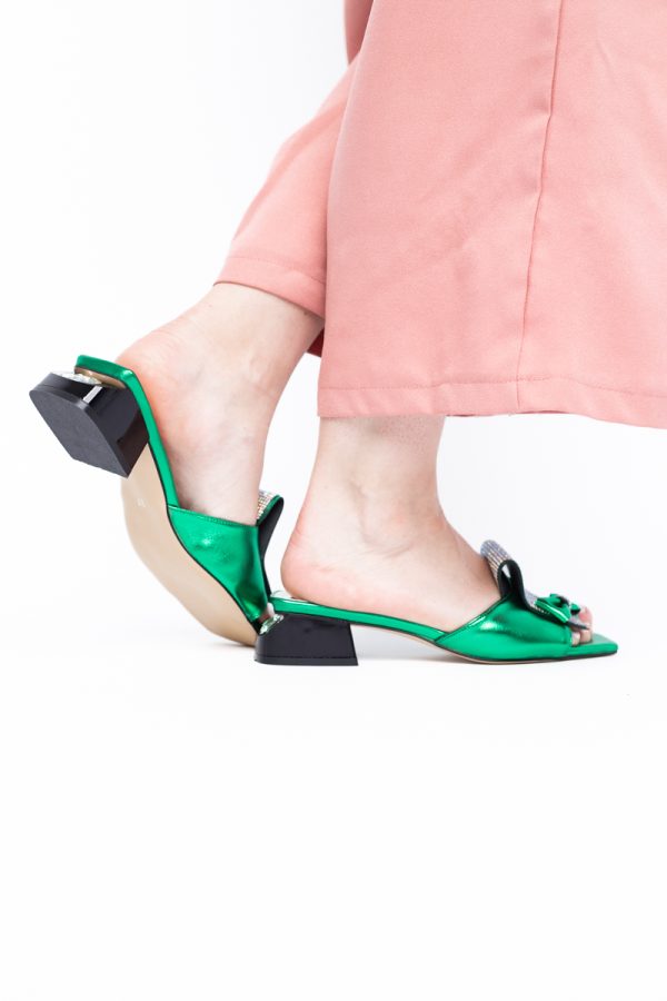 Saboți Damă cu Toc jos cu cristale și fundiță culoare Verde metalic BS61TR2405394 121