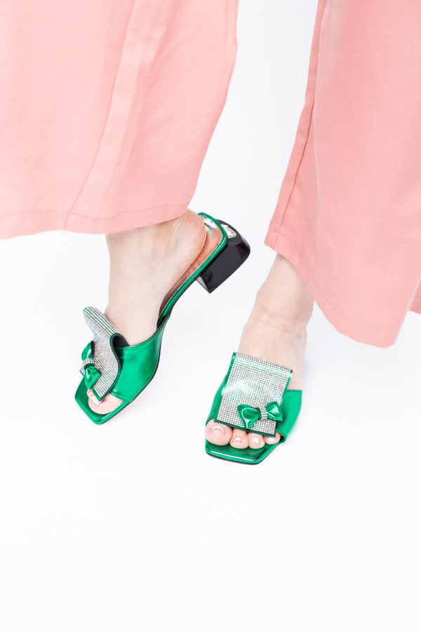 Saboți Damă cu Toc jos cu cristale și fundiță culoare Verde metalic BS61TR2405394 123