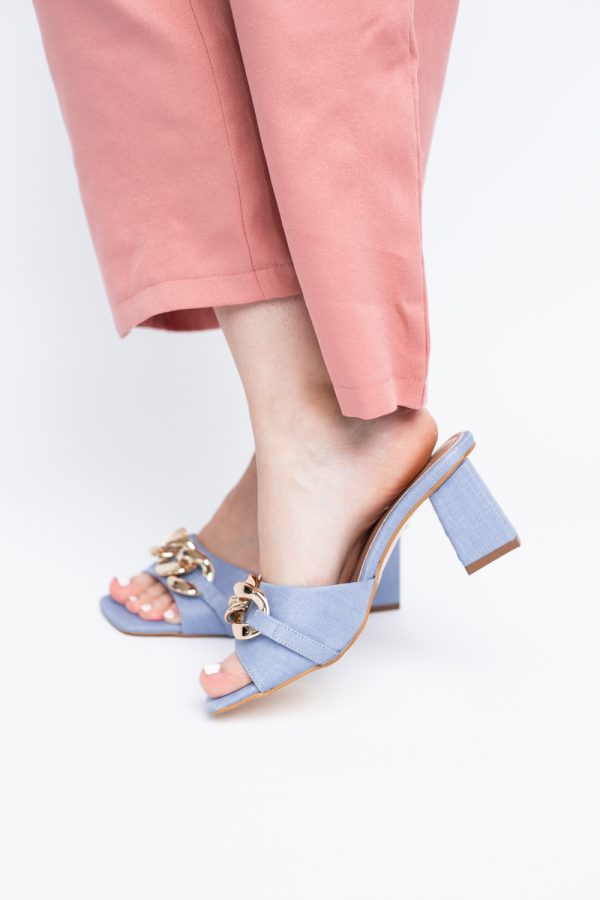 Saboți damă cu toc din piele ecologica cu design cu lanț culoare albastru denim (BS080TR2405445) 119