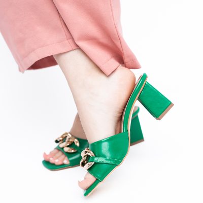 Saboți damă cu toc din piele ecologica cu design cu lanț culoare verde mat (BS080TR2405442)