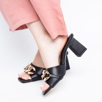 Saboți damă cu toc din piele ecologica cu design cu lanț culoare negru mat (BS080TR2405441)