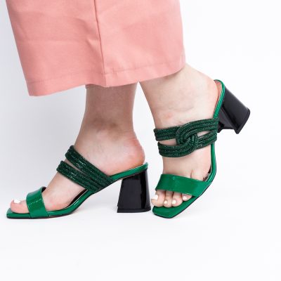 Saboți cu toc pentru femei din piele ecologică accesorizati cu strasuri culoare Verde (BS522TR2405401)