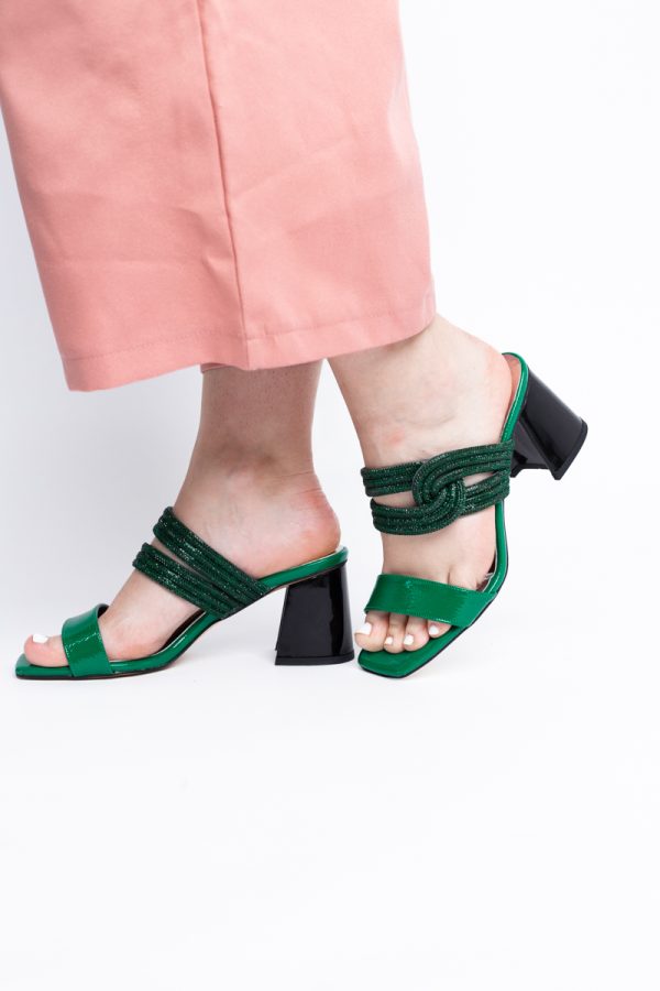 Saboți cu toc pentru femei din piele ecologică accesorizati cu strasuri culoare Verde (BS522TR2405401) 119