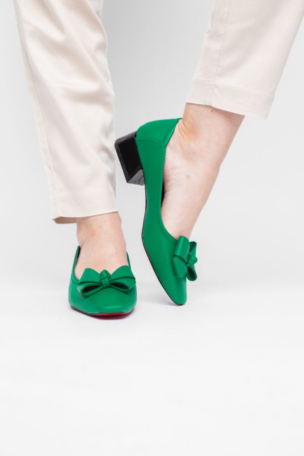 Pantofi Damă cu Toc Jos din Piele Ecologică cu fundiță Verde (BS502D2405408) 123