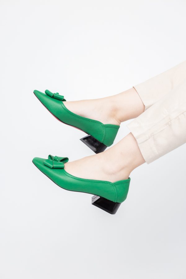 Pantofi Damă cu Toc Jos din Piele Ecologică cu fundiță Verde (BS502D2405408) 125
