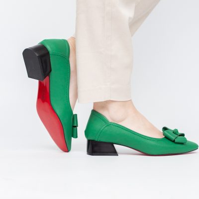 Pantofi Damă cu Toc Jos din Piele Ecologică cu fundiță Verde (BS502D2405408)
