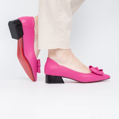 Pantofi Damă cu Toc Jos din Piele Ecologică cu fundiță Fuchsia (BS502D2405407)