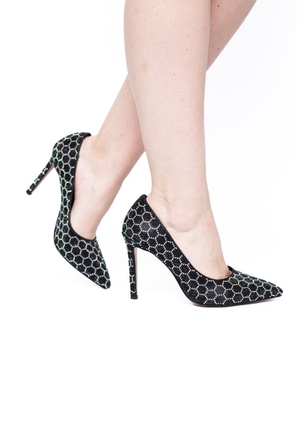 Pantofi cu toc stiletto pentru femei din piele ecologică încrustați cu pietre model fagure Negru (BS825AY2404224) 119