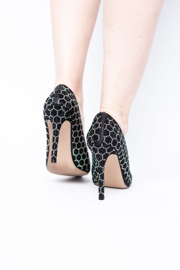 Pantofi cu toc stiletto pentru femei din piele ecologică încrustați cu pietre model fagure Negru (BS825AY2404224) 123