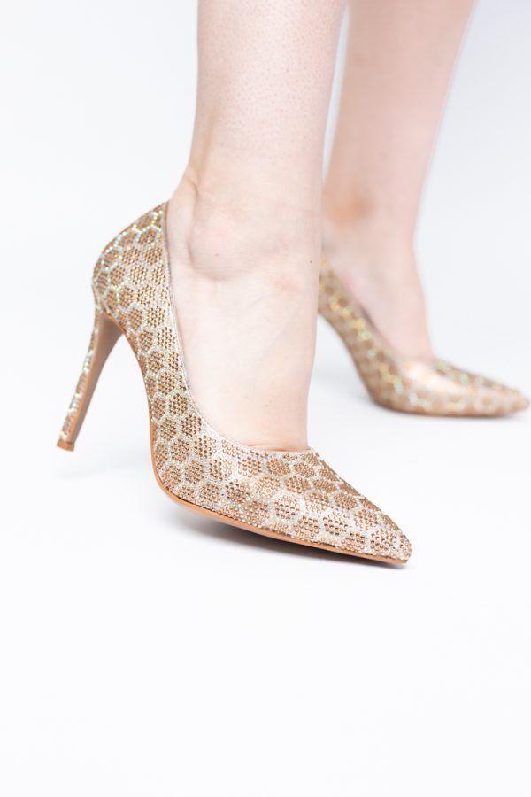 Pantofi cu toc stiletto pentru femei din piele ecologică încrustați cu pietre model fagure Auriu (BS825AY2404226) 121