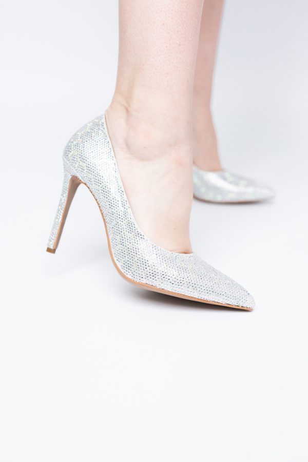 Pantofi cu toc stiletto pentru femei din piele ecologică încrustați cu pietre model fagure Argintiu (BS825AY2404225) 121