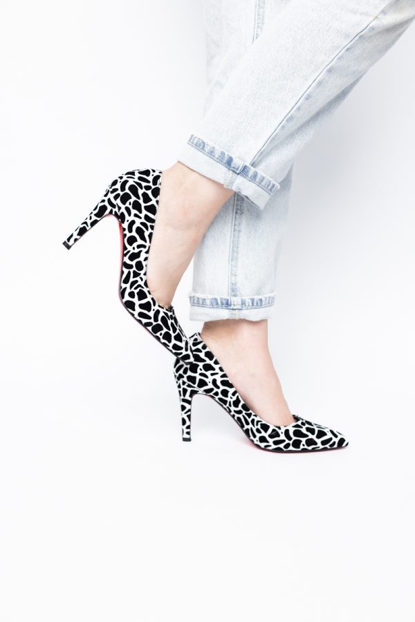 Pantofi Dama cu Toc Subtire Stiletto Piele Ecologică negru cu pete (BS799AY2405419) 121