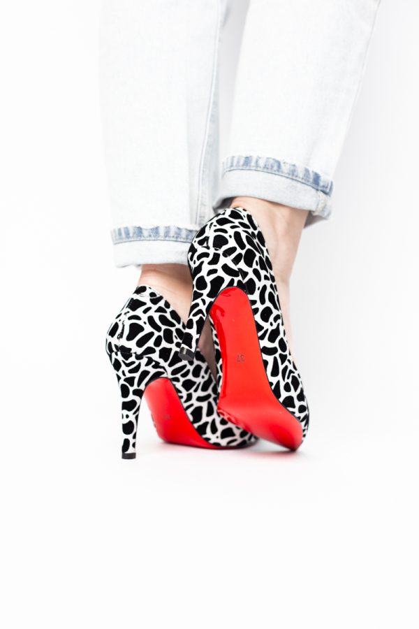 Pantofi Dama cu Toc Subtire Stiletto Piele Ecologică negru cu pete (BS799AY2405419) 123
