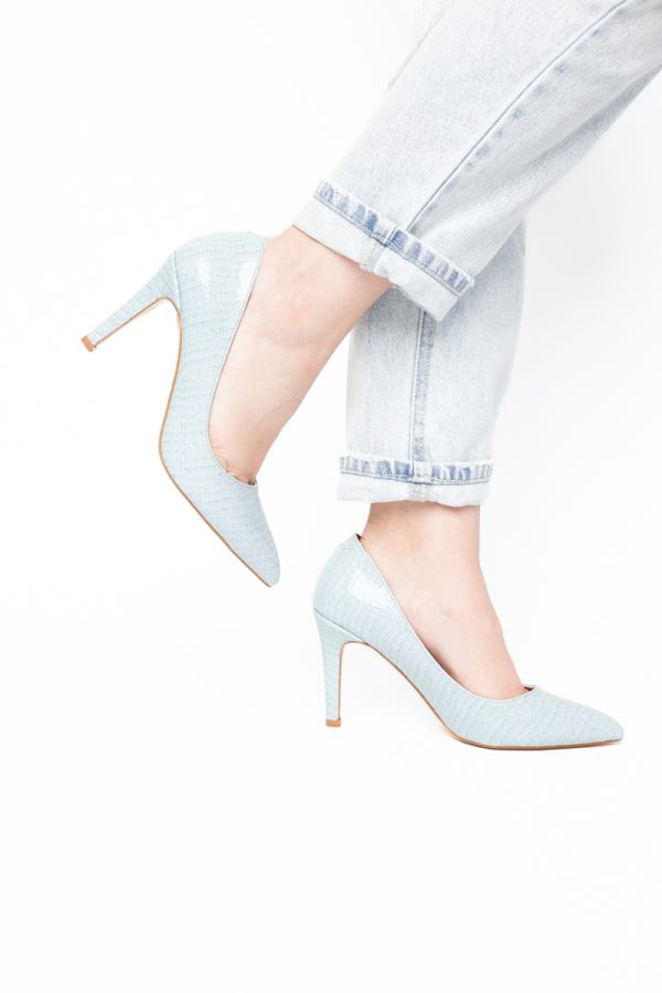 Pantofi Dama cu Toc Subtire Stiletto Piele Ecologică texturată albastru deschis (BS799AY2405292) 121