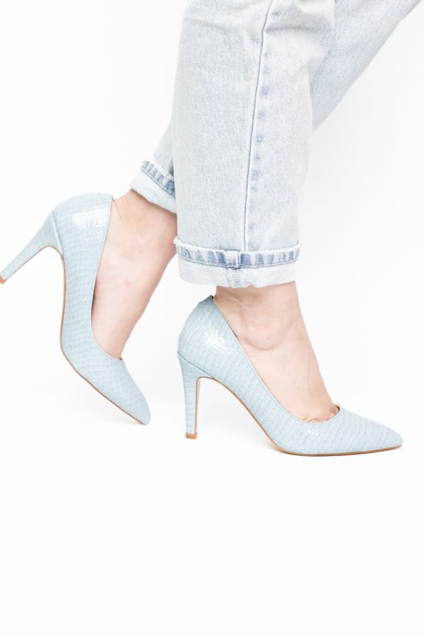 Pantofi Dama cu Toc Subtire Stiletto Piele Ecologică texturată albastru deschis (BS799AY2405292) 119