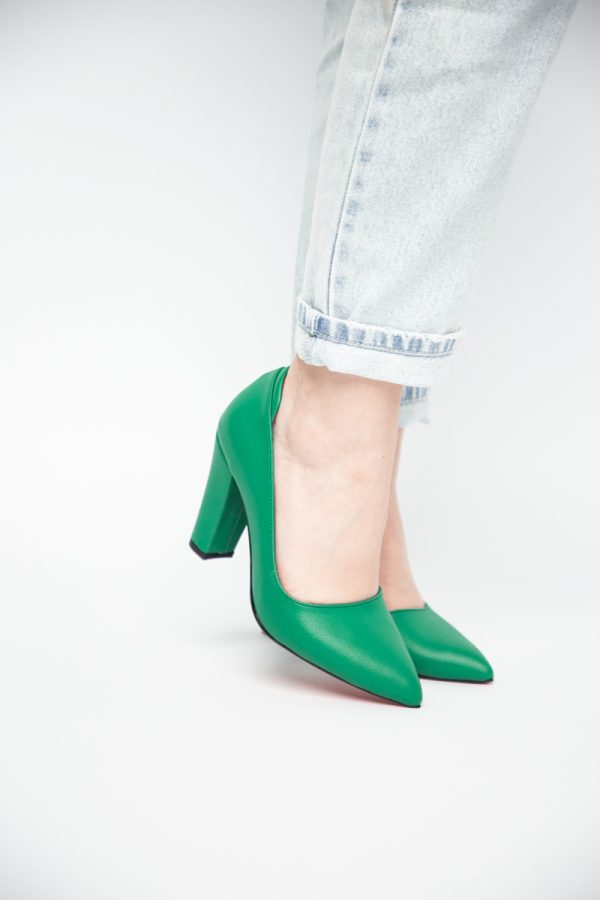 Pantofi pentru Femei cu Toc Gros Piele Ecologică Varf Ascutit culoare Verde - BS980AY2405427 123