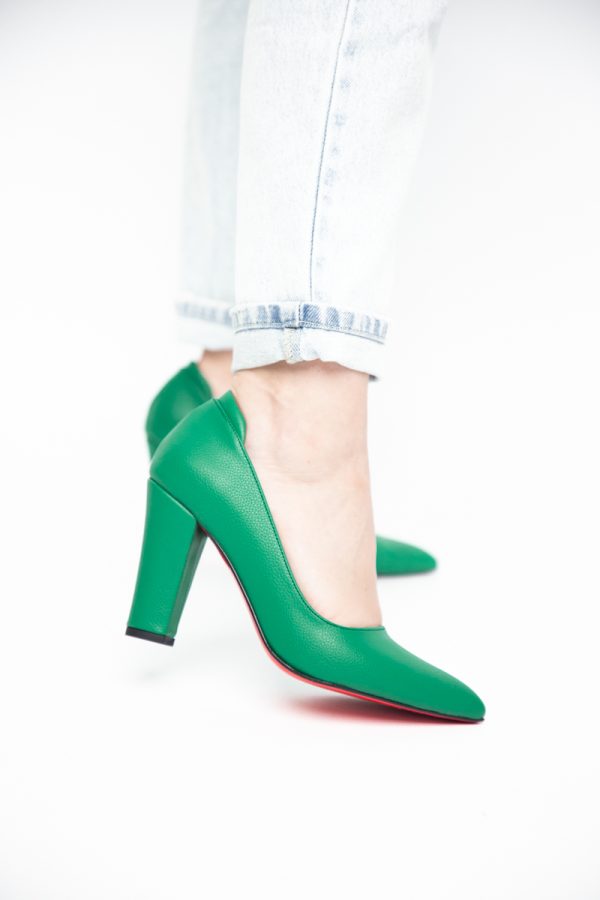 Pantofi pentru Femei cu Toc Gros Piele Ecologică Varf Ascutit culoare Verde - BS980AY2405427 121