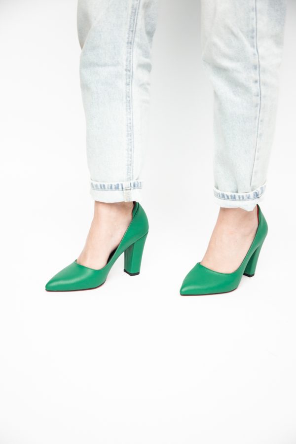 Pantofi pentru Femei cu Toc Gros Piele Ecologică Varf Ascutit culoare Verde - BS980AY2405427 125