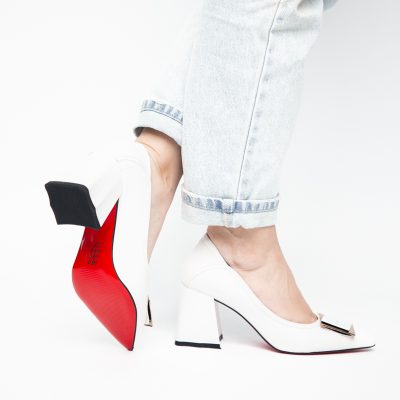 Pantofi Femei cu Toc Gros Piele Ecologică Varf Ascutit design cu pietricele Alb- BS2003D2405410