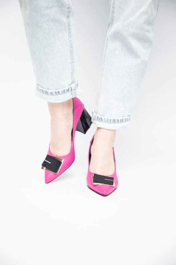 Pantofi Femei cu Toc Gros Piele Ecologică Varf Ascutit design cu pietricele Fuchsia- BS2003D2405412 123