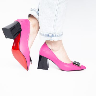 Pantofi Femei cu Toc Gros Piele Ecologică Varf Ascutit design cu pietricele Fuchsia- BS2003D2405412