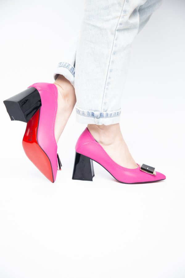 Pantofi Femei cu Toc Gros Piele Ecologică Varf Ascutit design cu pietricele Fuchsia- BS2003D2405412 119