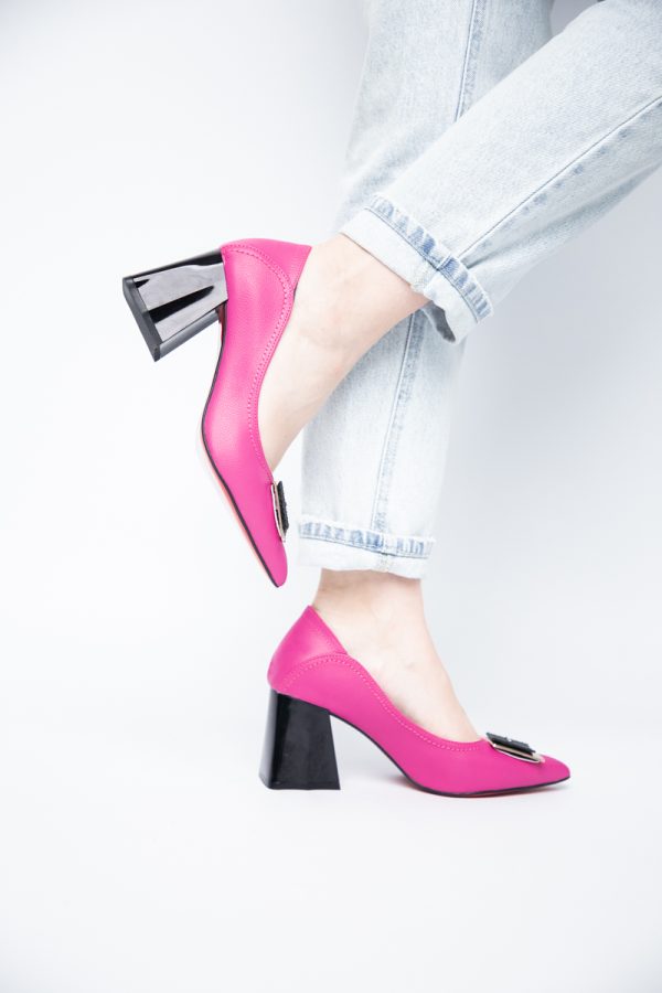 Pantofi Femei cu Toc Gros Piele Ecologică Varf Ascutit design cu pietricele Fuchsia- BS2003D2405412 121
